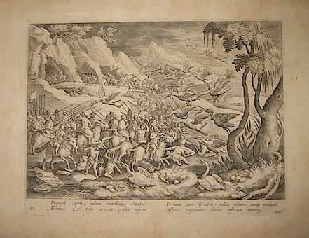 Collaert Adriaen (1560 ca.-1618) Pygmaei capris, ovium maribuscque vehuntur... (Lotta tra pigmei e gru) 1596 Anversa